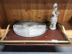 A vintage brass edged gallery tray, 51 x 34cm, with a cut glass h'or d'ouvres dish and a Lladro