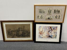 A framed group of six risque postcards, together with an oak framed pencil sketch and a further