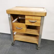 A useful two drawer kitchen unit on castors, one drawer A/F, 92 x 77 x 51cm.