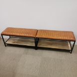 A pair of brown leather and metal hall benches with wooden shelf underneath, 90 x 45 x 35cm.