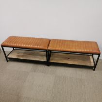 A pair of brown leather and metal hall benches with wooden shelf underneath, 90 x 45 x 35cm.