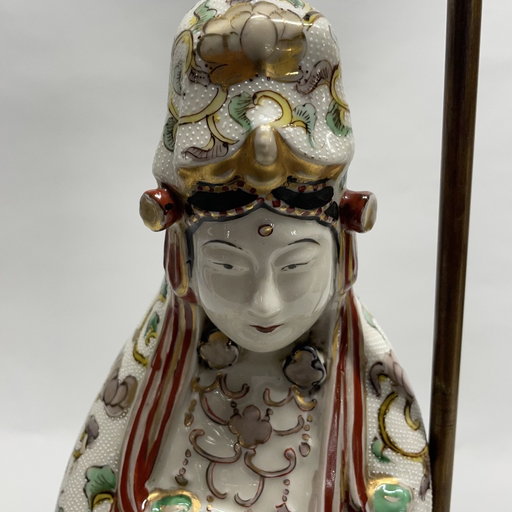 A 19thC Japanese Kutani figure of Kanon (Guanyin) standing on a separate table lamp base, figure - Image 2 of 4