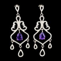 A pair of 925 silver drop earrings set with pear cut amethysts and white stones, L. 5.3cm.