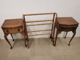 Two early 20thC mahogany single drawer bedside tables together with an early 20thC towel rail, 87