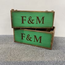 Two wooden advertising boxes, 43 x 25 x 18cm.