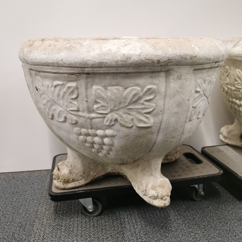 A pair of very large antique cast concrete garden planters raised on four feet, H. 45cm Dia. 60cm. - Image 2 of 4