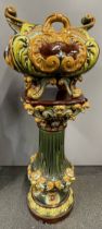A superb 19th century Doulton Lambeth majolica style cache pot and stand, H. 121cm, W. 46cm,