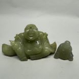 A Chinese carved jade / hardstone figure of Putai holding a gourd, W. 16cm, together with a