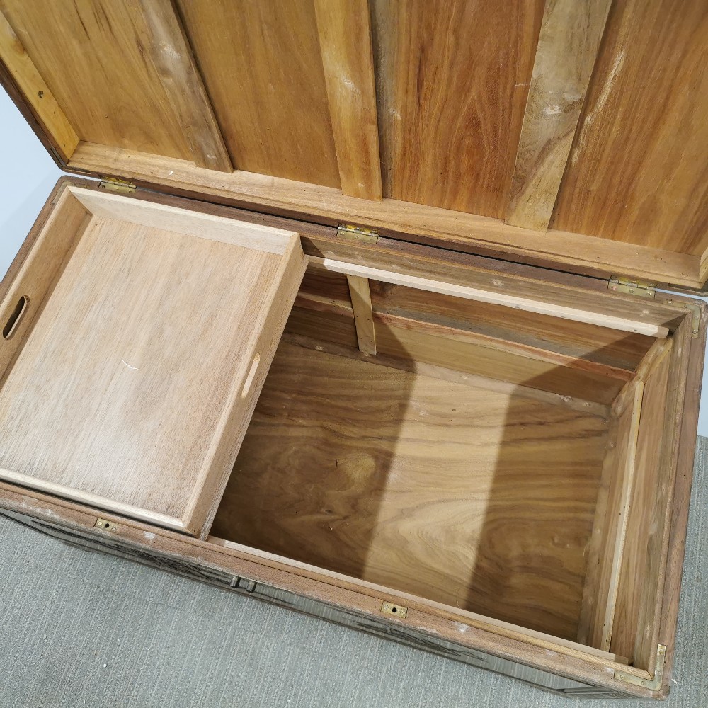 An oriental carved hardwood blanket box with brass decoration and hinges, some stains to top, 105 - Image 8 of 8