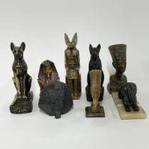 A group of eight Egyptian style stone and other items, tallest H. 18cm.