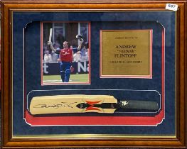 A framed autographed Andrew 'Freddie' Flintoff miniature cricket bat, frame size 52 x 52cm.