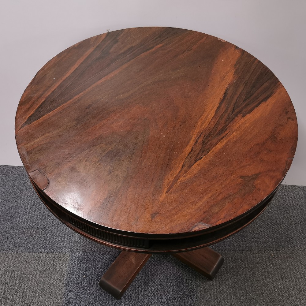 A rosewood veneered circular revolving occasional table, A/F and repairs to veneer, H. 74cm Dia. - Image 2 of 5