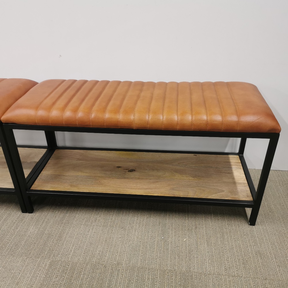 A pair of brown leather and metal hall benches with wooden shelf underneath, 90 x 45 x 35cm. - Image 2 of 5
