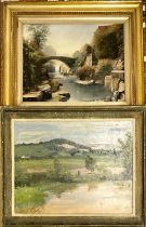 A gilt framed oil on canvas river scene, frame size 65 x 54cm, together with a further oil on