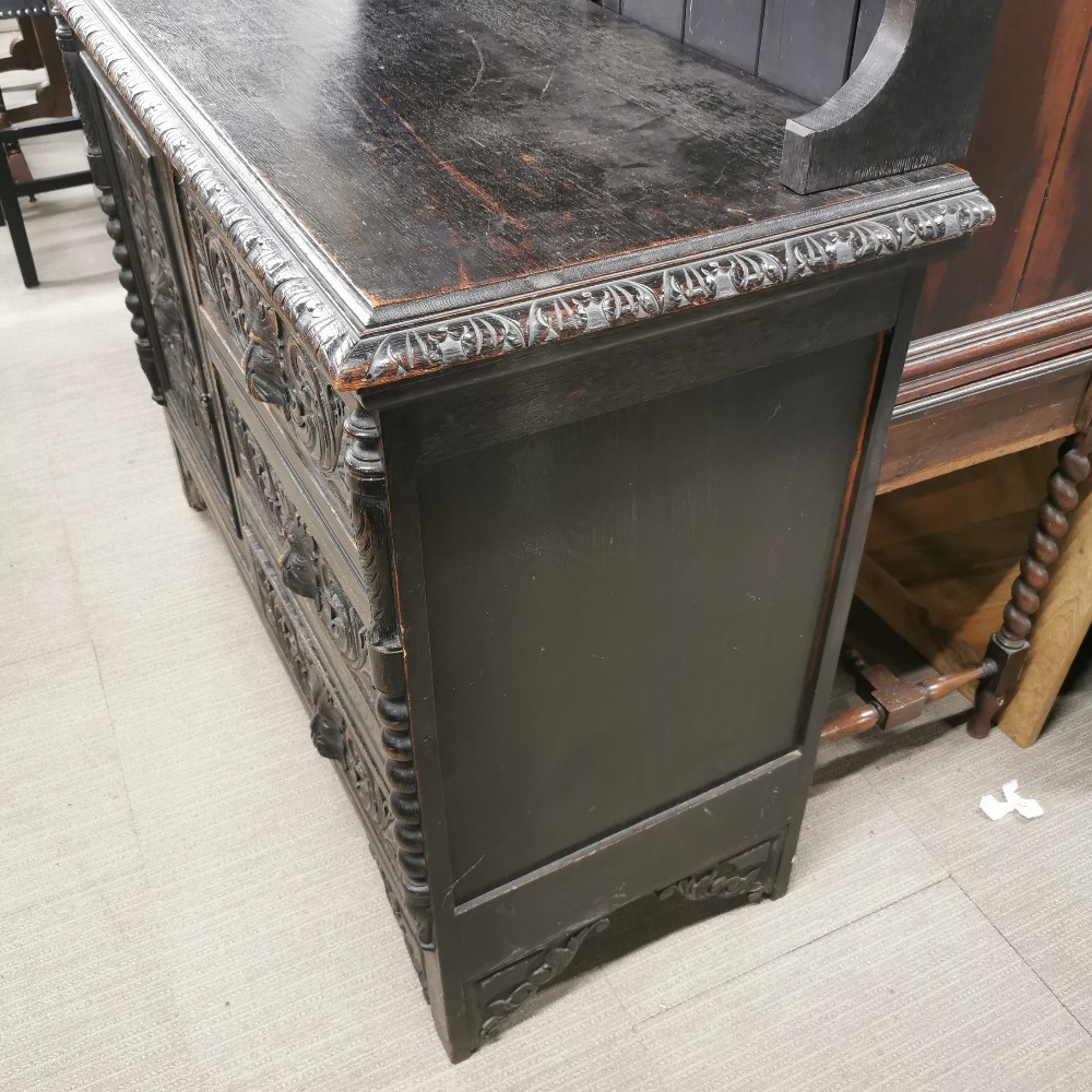 A 19thC carved oak three drawer sideboard with later added back, sideboard without back 137 x 100 - Image 6 of 8