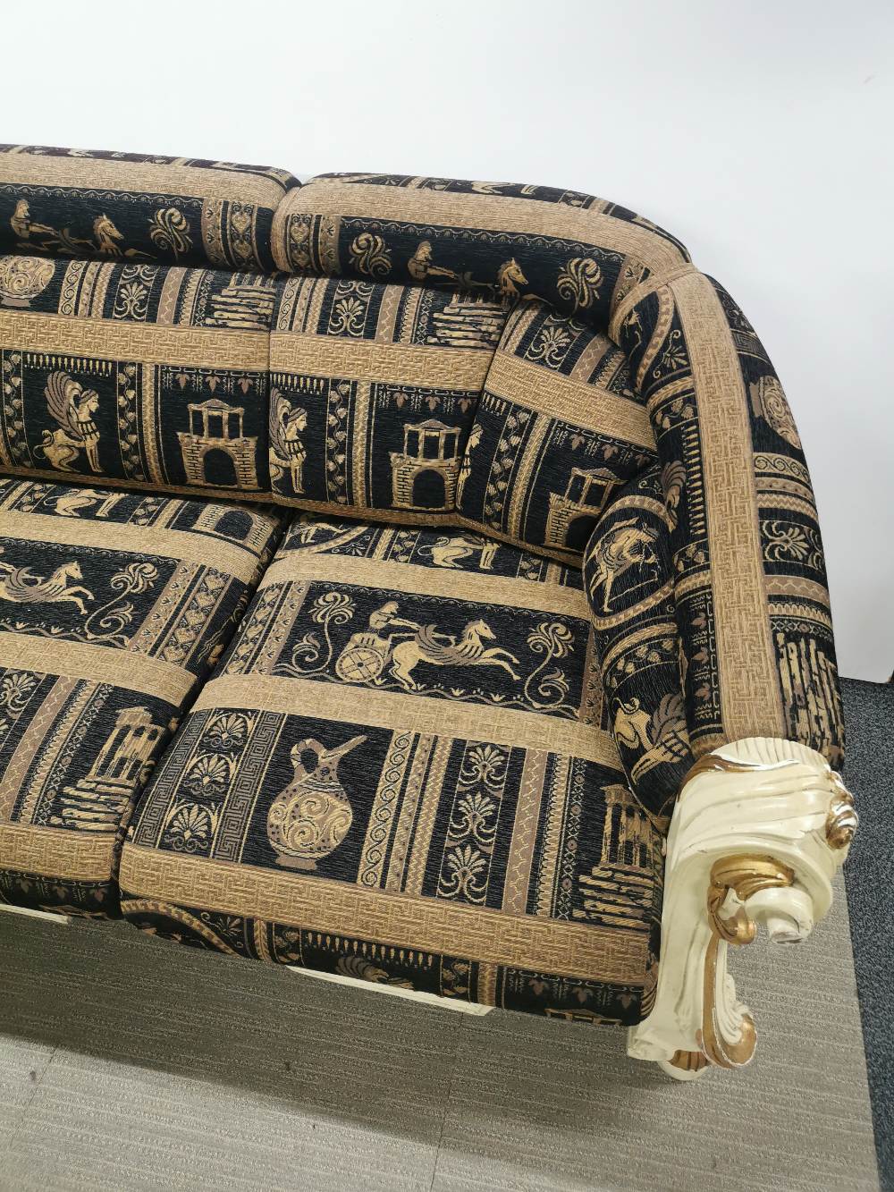 An impressive re-upholstered empire style carved wooden four piece suite c. 1920, sofa L. 200cm D. - Image 10 of 14