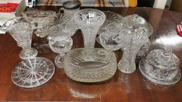 A group of large cut crystal and glass items, tallest H. 32cm. Some slightly A/F.