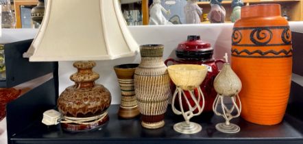 A group of vintage pottery items and two studio glass items
