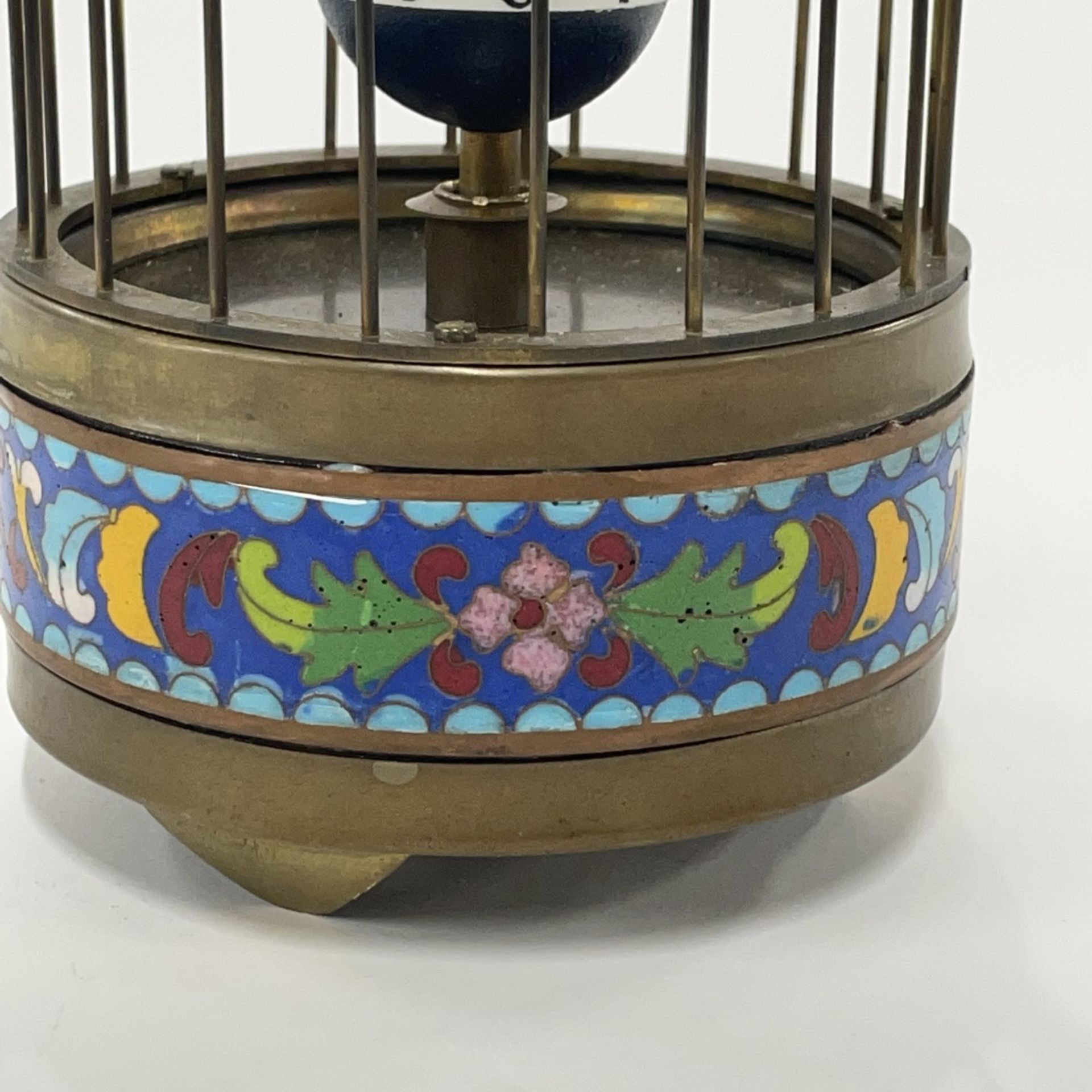 A novelty brass and enamelled birdcage clock, H. 20cm. - Image 3 of 4