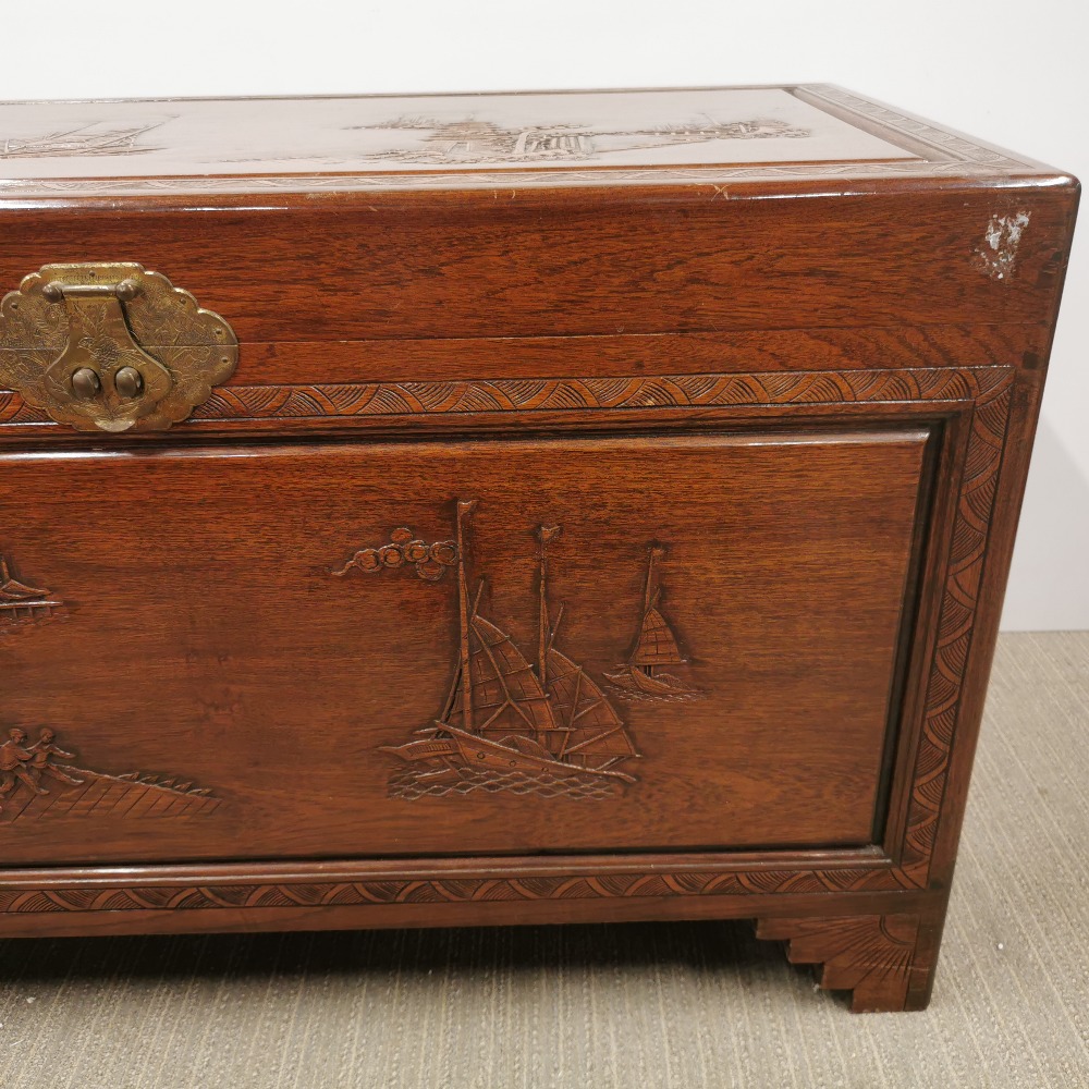 An oriental carved hardwood blanket box with brass decoration and hinges, some stains to top, 105 - Image 4 of 8