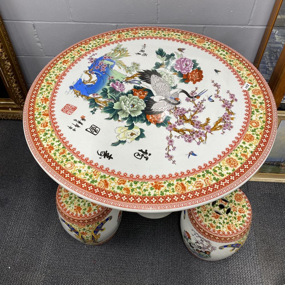 A Chinese ceramic garden table and four stools, table Dia. 89cm. - Image 2 of 2