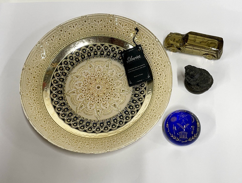 A Turkish Silberina enamelled bowl, together with a Masonic paperweight, a glass vintage car and a