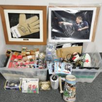 Two boxes of mixed sporting related collectibles.