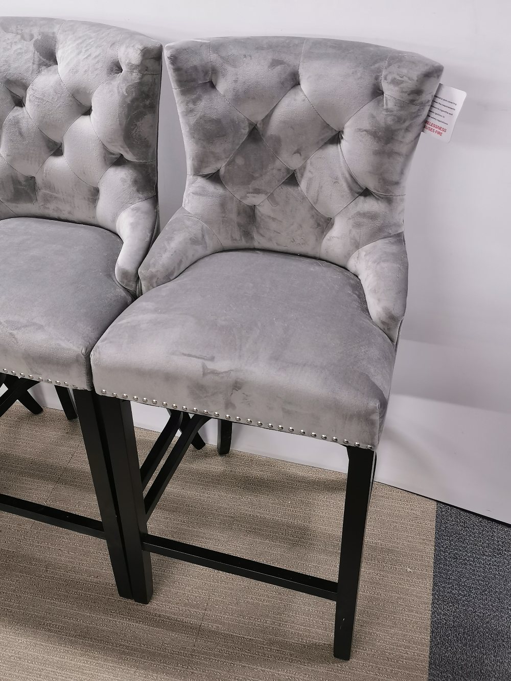 Three grey velvet upholstered high kitchen/bar chairs, one slightly different shade velvet. H. - Image 2 of 4