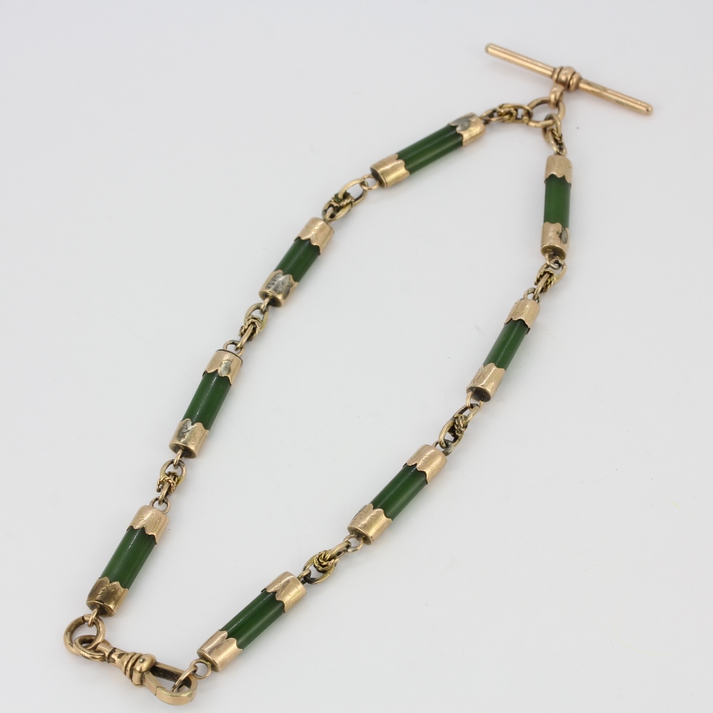An unusual rolled gold and jade albert chain, L. 18cm.