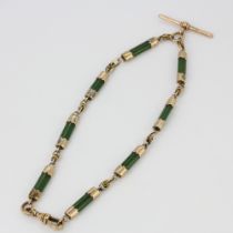 An unusual rolled gold and jade albert chain, L. 18cm.