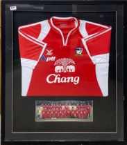 A framed Thailand National football team shirt and team photograph, frame size 86 x 91cm.