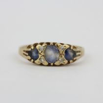 A yellow metal (tested minimum 9ct gold) ring set with ceylon sapphires and diamonds, (O).