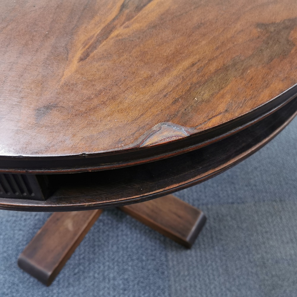 A rosewood veneered circular revolving occasional table, A/F and repairs to veneer, H. 74cm Dia. - Image 3 of 5