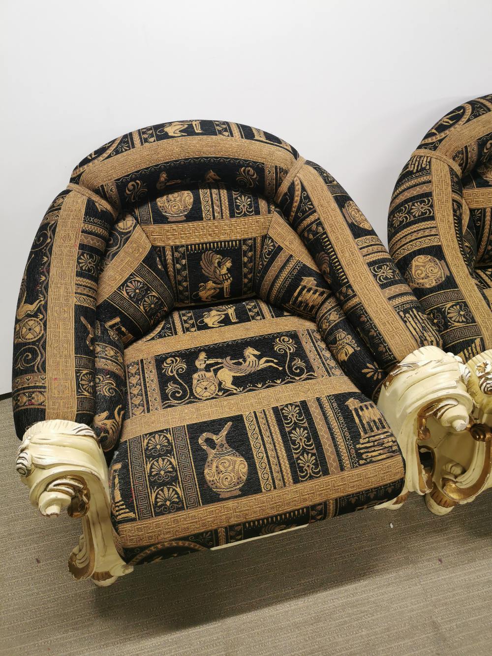 An impressive re-upholstered empire style carved wooden four piece suite c. 1920, sofa L. 200cm D. - Image 12 of 14