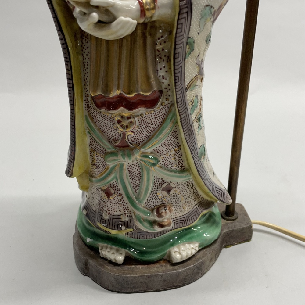 A 19thC Japanese Kutani figure of Kanon (Guanyin) standing on a separate table lamp base, figure - Image 3 of 4