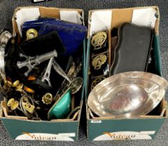 Two boxes of mixed items including silver plate, brass and cutlery boxes.