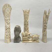 A group of four Eastern carved bone items, tallest 24cm, together with a carved soapstone bust.