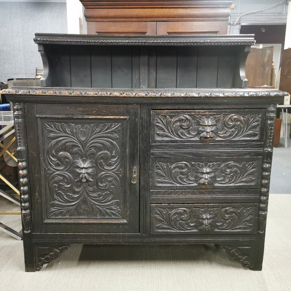A 19thC carved oak three drawer sideboard with later added back, sideboard without back 137 x 100