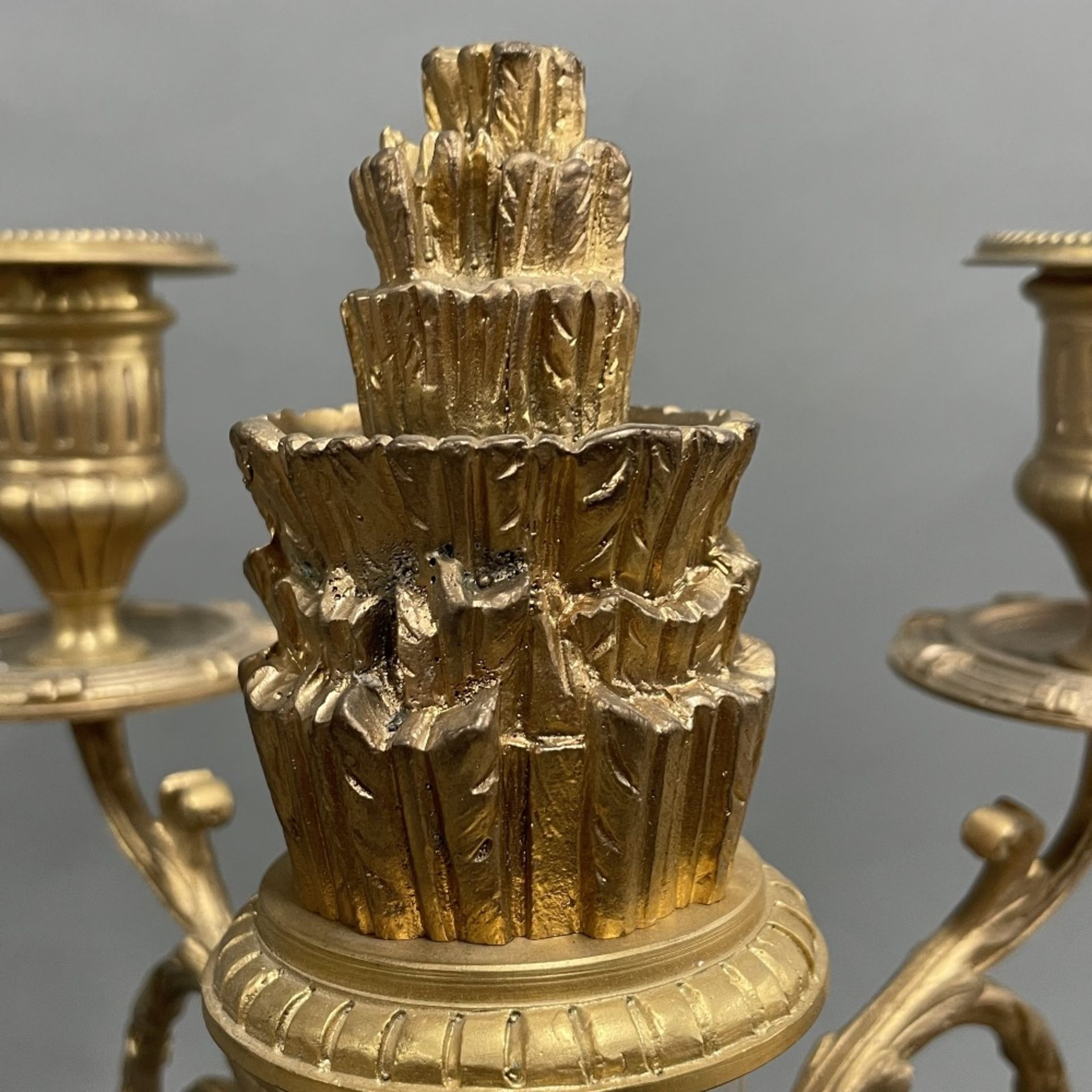 A pair of gilt bronze and rock crystal candelabra, H. 37cm, one sconce missing. - Image 3 of 3