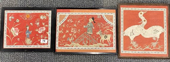 Three framed early 20th century Chinese embroideries on silk, largest framed size 37 x 27cm.