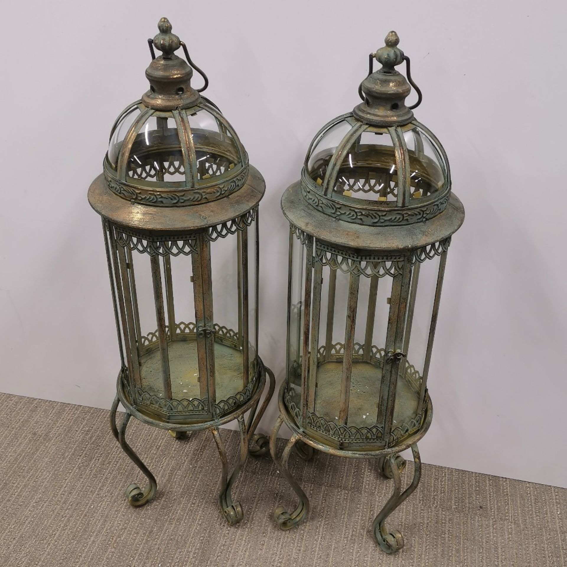 A pair of metal and glass garden storm lanterns, H. 80cm. - Image 2 of 3