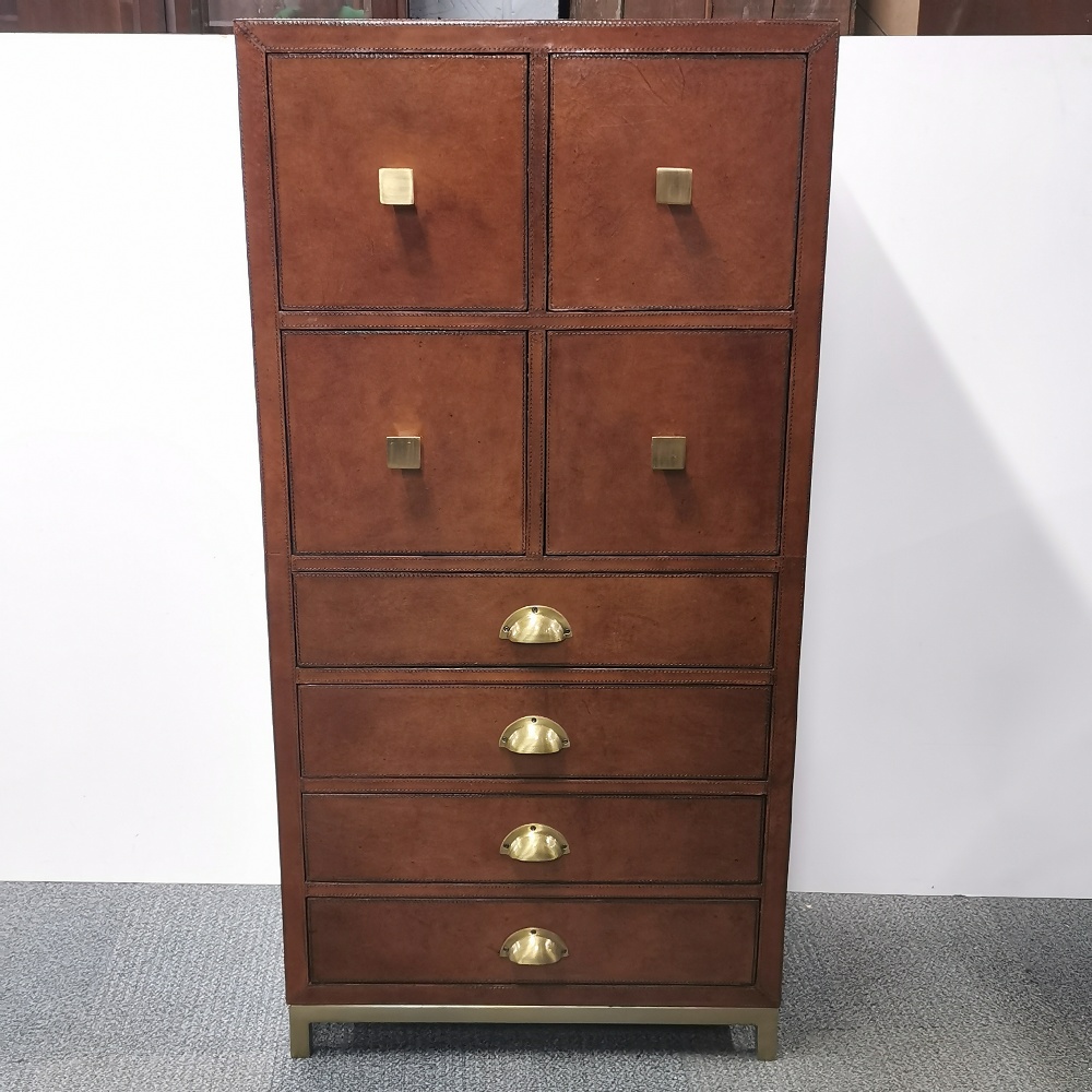A heavy quality wood and leather eight drawer chest with fabric interior and metal handles and base, - Image 2 of 8