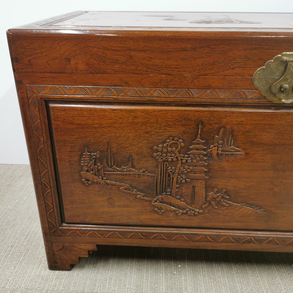 An oriental carved hardwood blanket box with brass decoration and hinges, some stains to top, 105 - Image 3 of 8