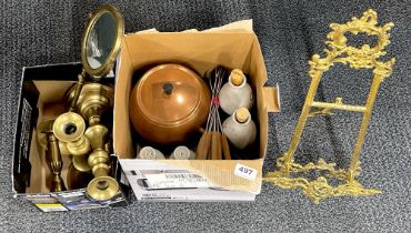 A quantity of brassware with a vintage fondue set.