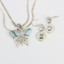 A 925 silver and mother of pearl butterfly pendant and chain, L. 38cm, together with a pair of 925