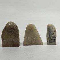 A group of three Chinese carved soapstone seals, tallest H. 6cm