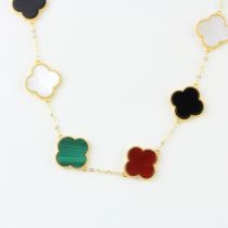An 18ct yellow gold clover necklace set with malachite, onyx, carnelian and mother of pearl, L.