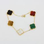 An 18ct yellow gold clover bracelet set with carnelian, malachite, tiger's eye, onyx and mother of