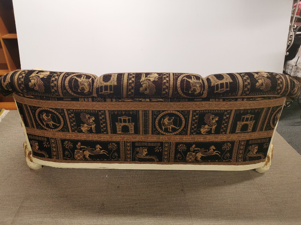 An impressive re-upholstered empire style carved wooden four piece suite c. 1920, sofa L. 200cm D. - Image 9 of 14