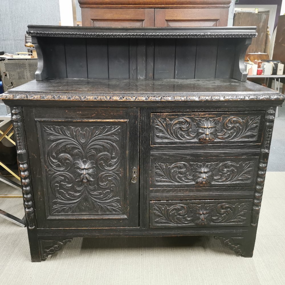 A 19thC carved oak three drawer sideboard with later added back, sideboard without back 137 x 100 - Image 8 of 8
